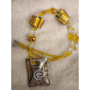 Artisan Yellow Seed Bead 22" Necklace 2" Silver Foil Art Glass Pendant